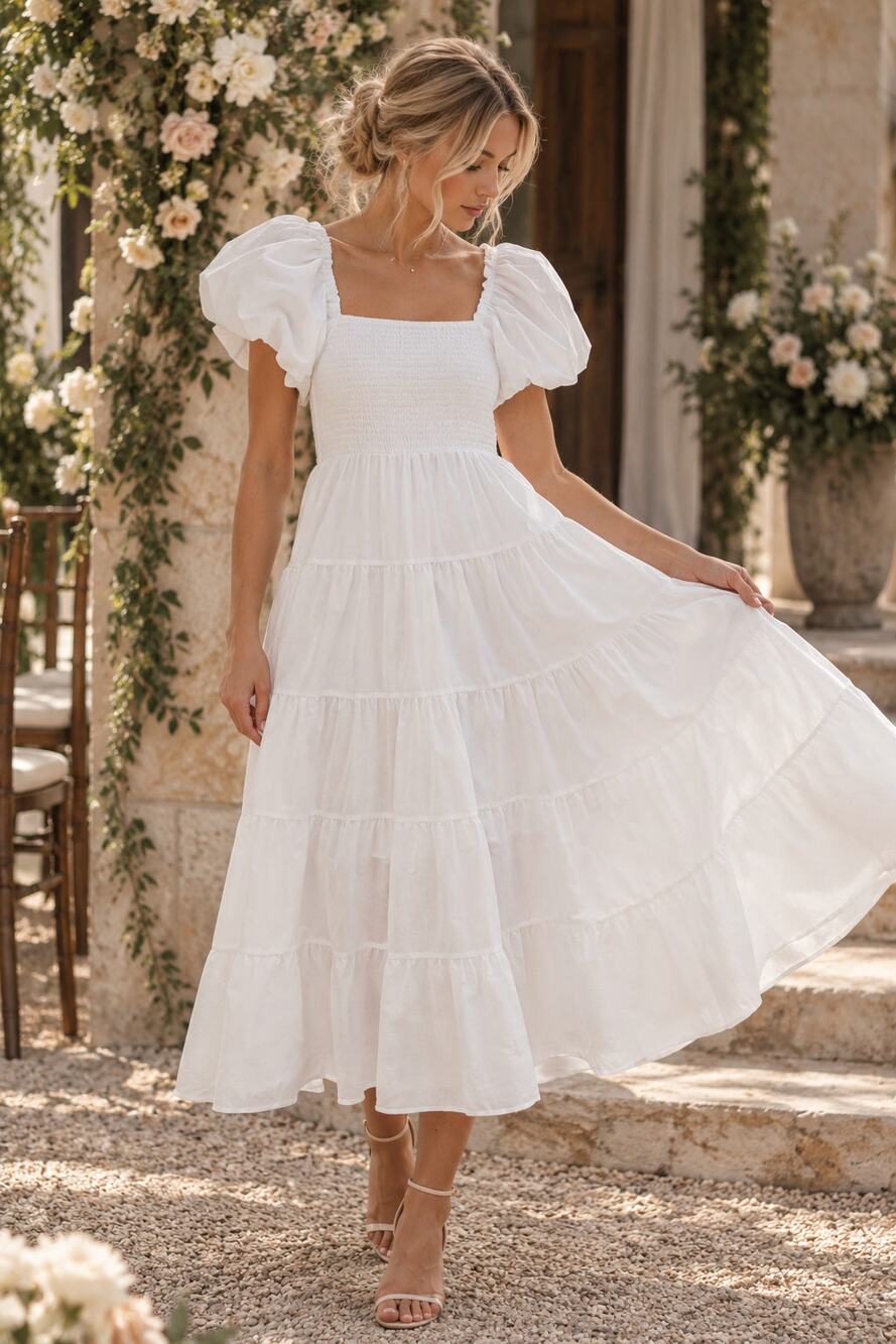 Petal & Pup White Smocked Midi Dress Puff Sleeve Tiered A-Line Sun Dress NWT